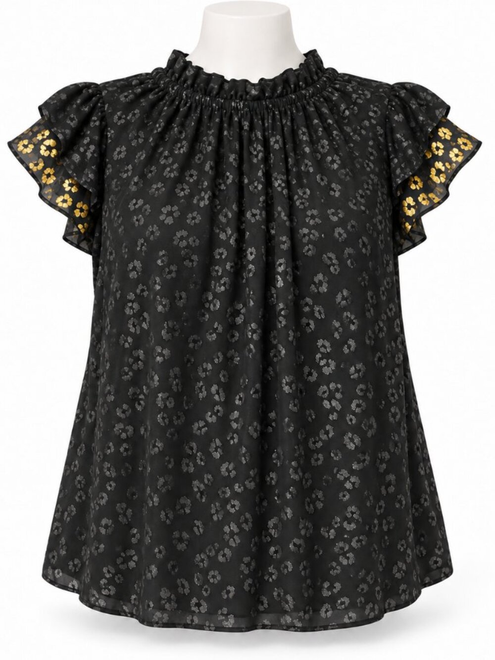 THML Black Gray Gold Abstract V-Neck Blouse